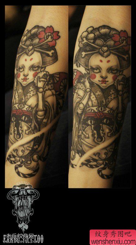 腿部创意傀儡娃娃文身作品由文身馆分享