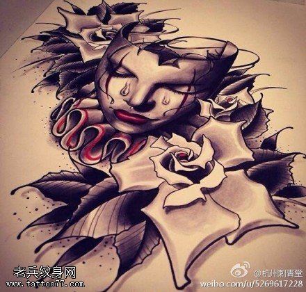文身分享一幅小丑面具玫瑰花文身图片