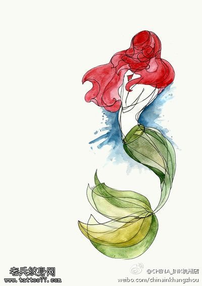 水墨彩色美人鱼文身手稿作品