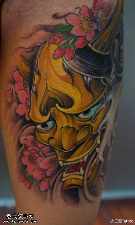 腿部彩色传统般若文身作品由文身秀图吧分享