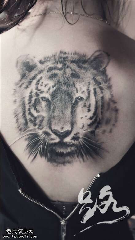 女人背部虎头文身作品由文身秀图吧分享