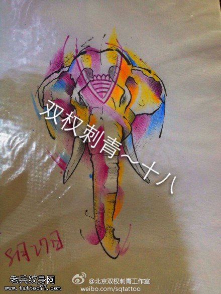 彩色泼墨象文身手稿作品由文身分享