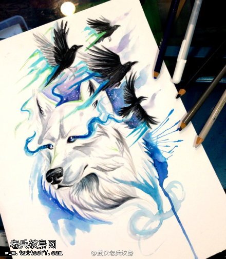 一组泼墨狼头文身图片由文身秀图吧分享