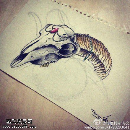 创意骷髅羚羊文身作品由文身馆分享