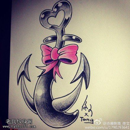 文身秀图吧分享一幅船锚蝴蝶结文身手稿作品