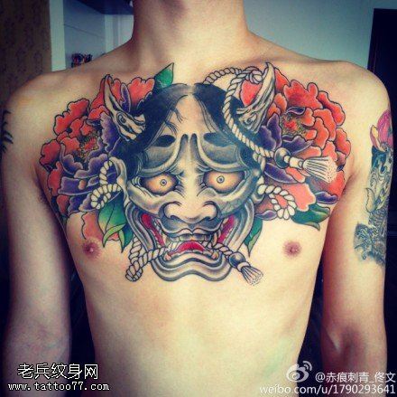 胸口彩色般若牡丹文身作品由文身秀图吧分享