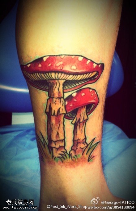 脚踝彩色蘑菇文身作品由文身秀图吧分享