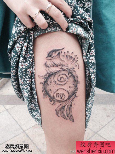 文身秀图吧推荐一幅女人腿部星座文身作品