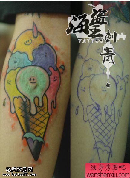 腿部冰淇淋文身作品由文身秀图吧分享