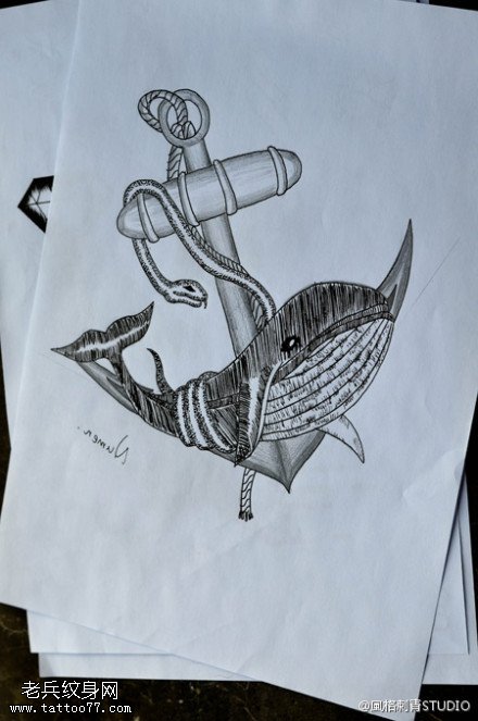 文身秀图吧推荐一幅船锚鲨鱼文身作品