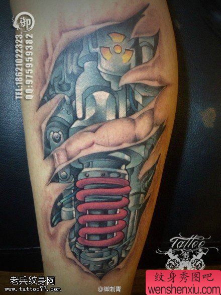 腿部3D机械文身作品由文身馆分享