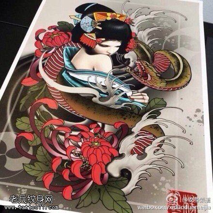 彩色蛇牡丹艺妓文身手稿作品