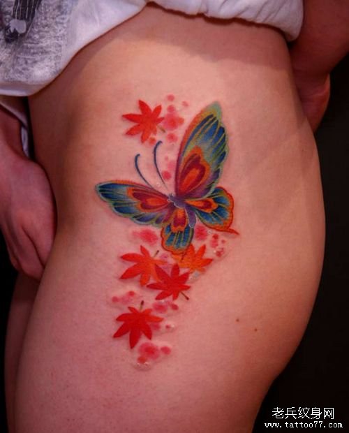 一款美女腿部漂亮的彩色蝴蝶枫叶纹身图案