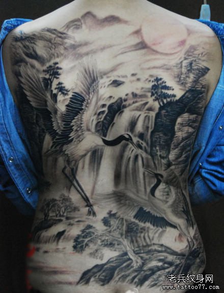 美女满背仙鹤白鹤纹身图案