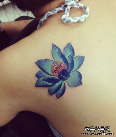 美女肩背好看的彩色莲花纹身图案