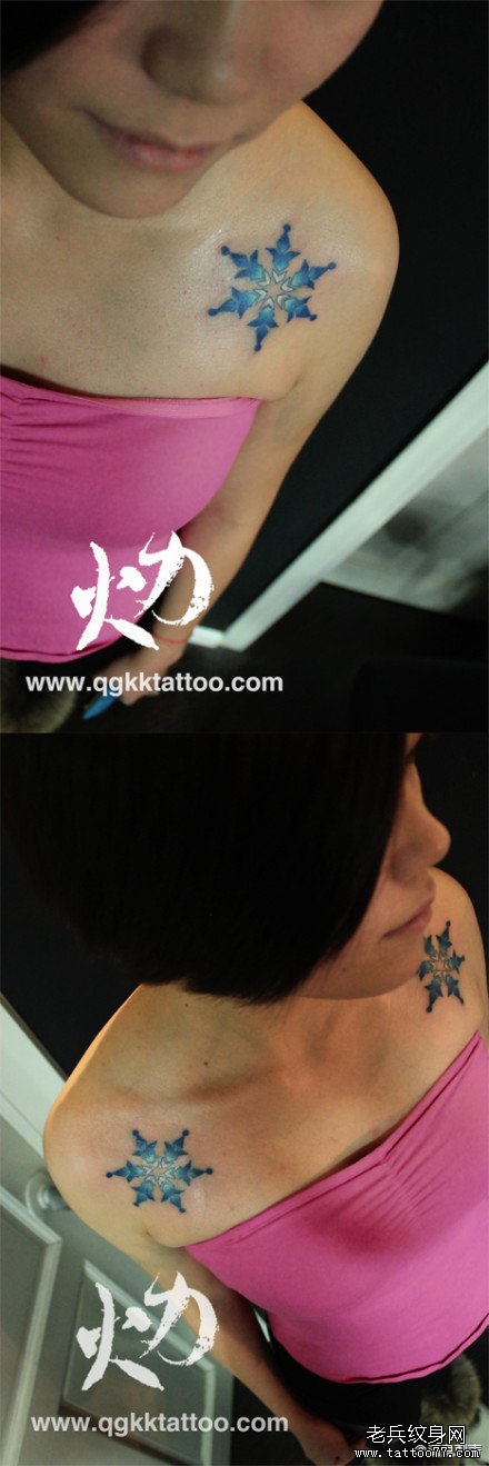 女生肩膀处漂亮的彩色雪花纹身图案