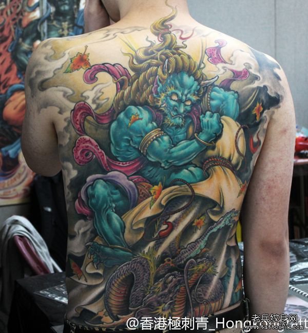 满背风神百鬼彩色纹身作品图片欣赏