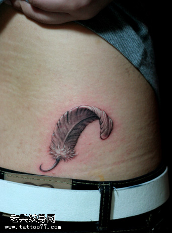 小清新腹部黑白羽毛纹身图案