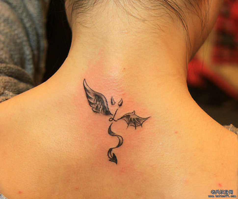 纹身秀图吧推荐一款颈部恶魔天使纹身图案