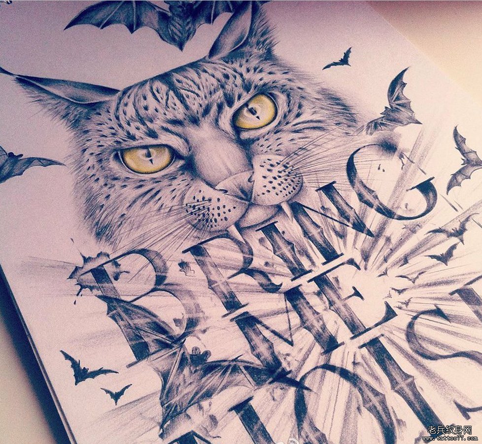 一款字母猫咪文身图案