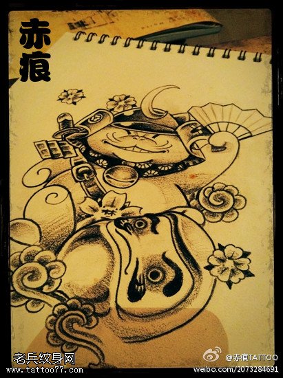 文身馆推荐一幅招财猫文身手稿作品