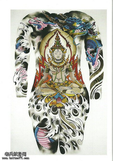 彩色系统满背半胛佛龙文身手稿作品