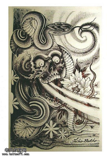 最好的文身馆推荐一幅骷髅蛇牡丹文身手稿作品