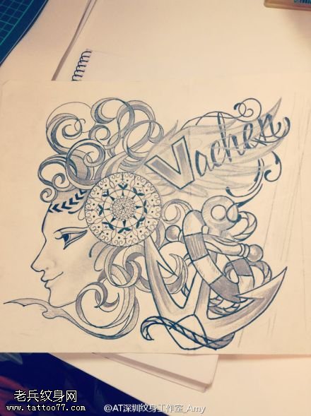女郎船锚纹身手稿图案