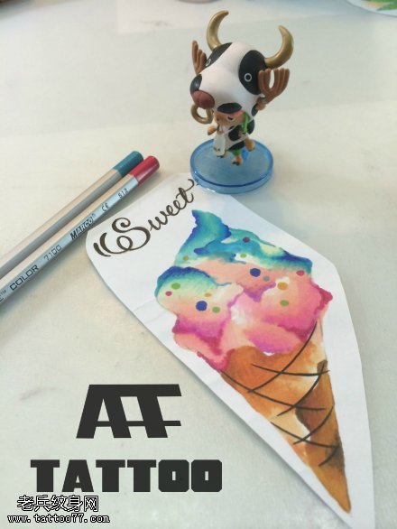 彩色水墨冰淇淋纹身手稿图案