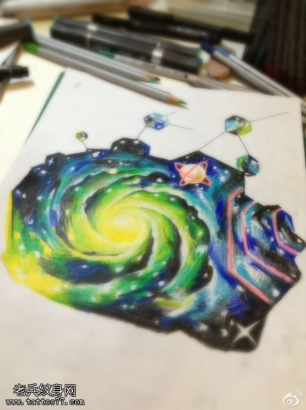 纹身秀图吧推荐一款彩色星空纹身手稿图案