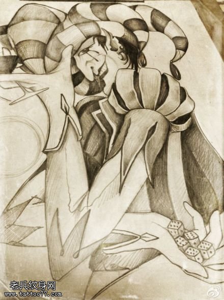 黑灰小丑纹身线稿图案由纹身秀图吧提供