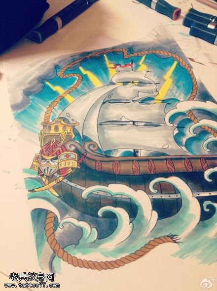 纹身秀图吧推荐一款彩色帆船纹身线稿图案