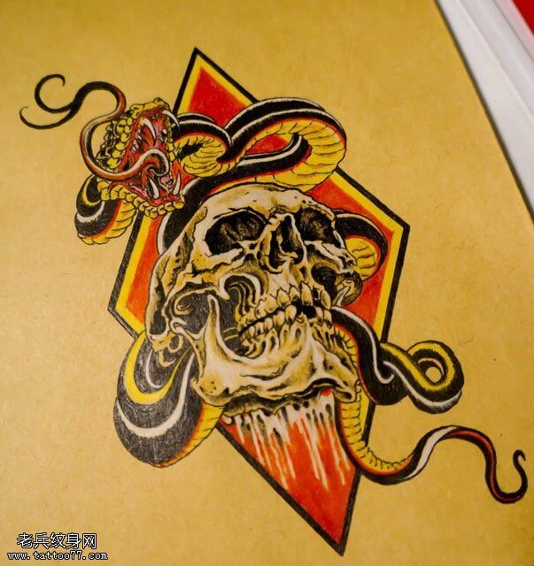 彩色骷髅蛇纹身手稿图片由纹身秀图吧提供