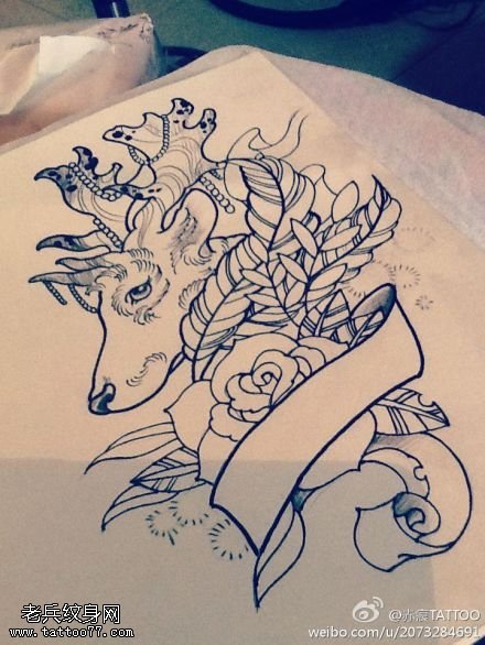 羚羊玫瑰花纹身线稿图片