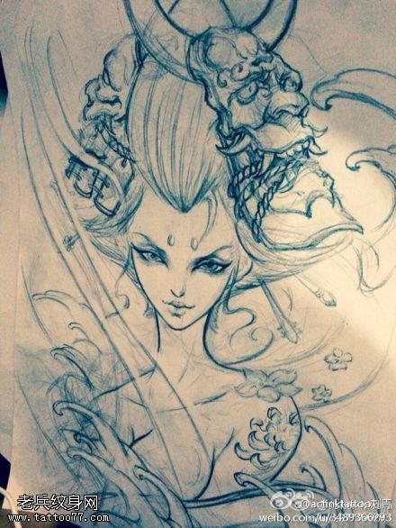 纹身秀图吧推荐一款艺妓纹身线稿图片