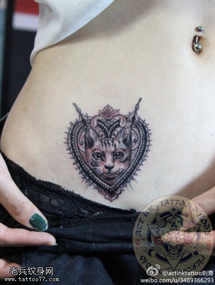 女性腹部猫咪纹身图案