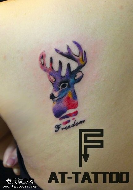 背部彩色羚羊纹身图片由纹身秀图吧提供
