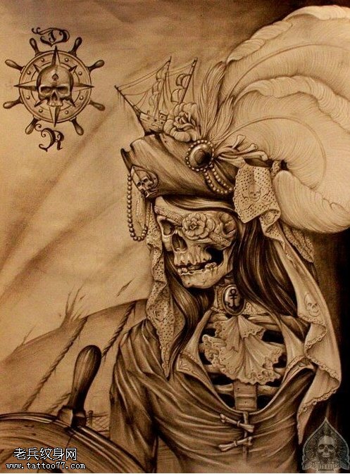 欧美个性骷髅纹身线稿图案