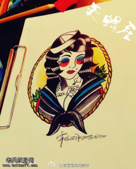 纹身秀图吧推荐一款彩色女郎纹身手稿图案
