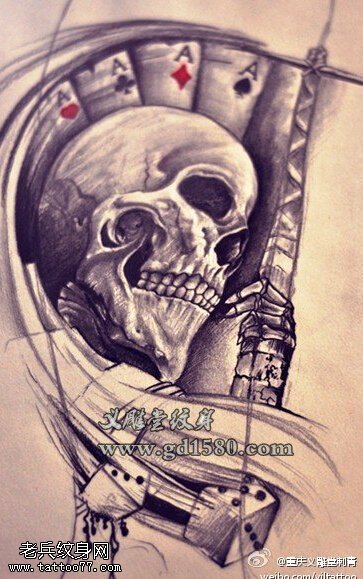 黑灰欧美骷髅扑克牌纹身图片