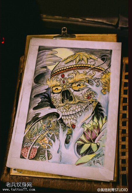 彩色传统嘎巴拉龙莲花纹身手稿图片