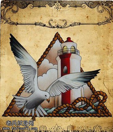 彩色白鸽灯塔纹身手稿图片