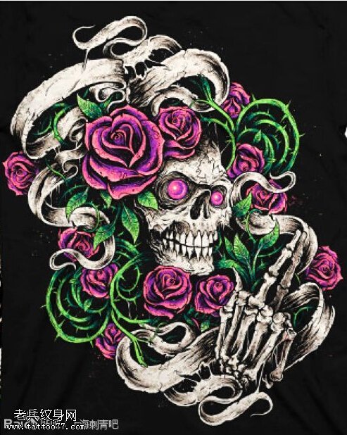 彩色欧美骷髅玫瑰花纹身手稿图片