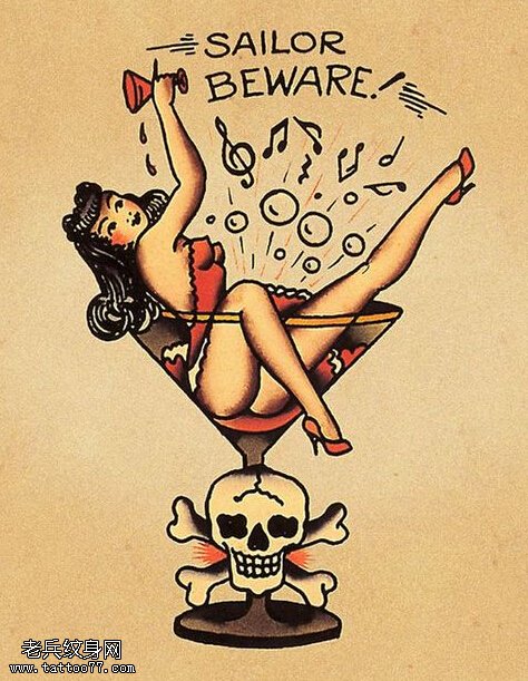 school风格骷髅女郎纹身图案由纹身秀图吧提供