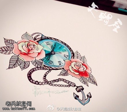 彩色指南针玫瑰花船锚纹身图片