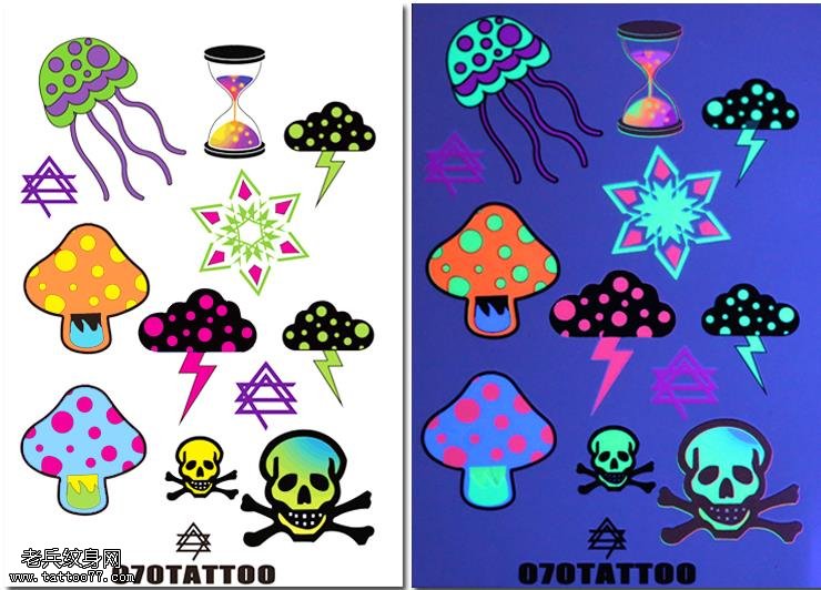 彩色蘑菇沙漏闪电云骷髅纹身手稿图案