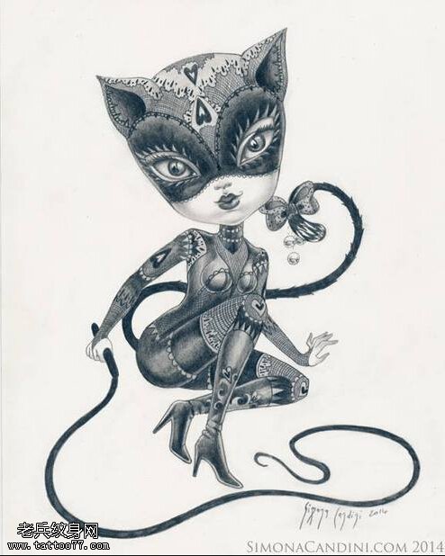 纹身推荐一款卡通猫咪纹身手稿图案