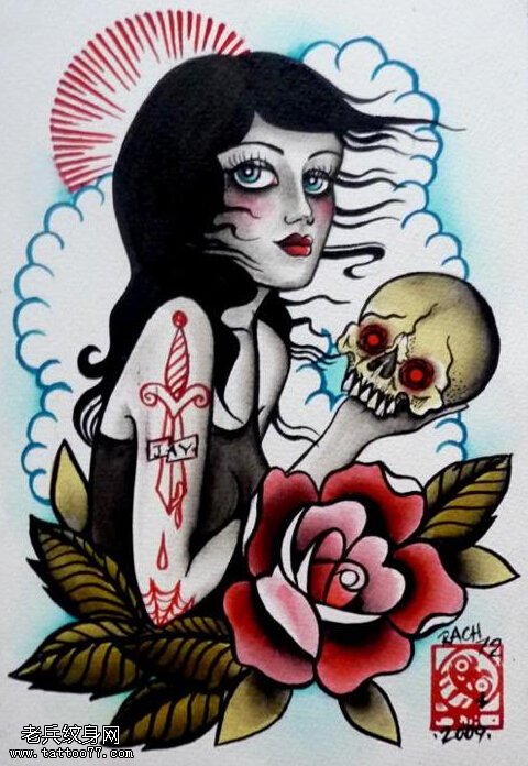 彩色school女郎玫瑰花纹身图片