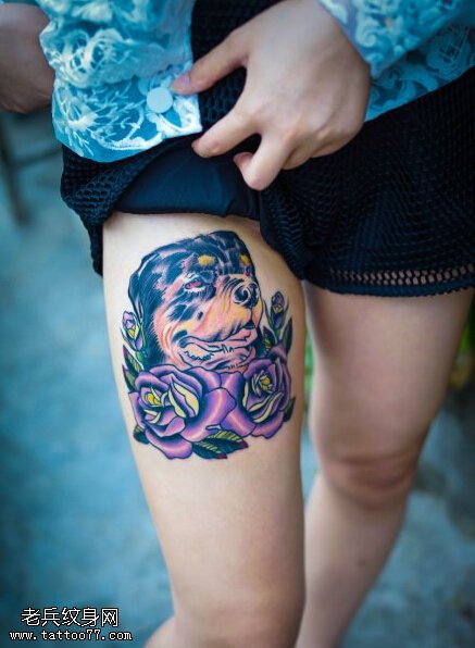 女性腿部汪星人玫瑰花纹身图片