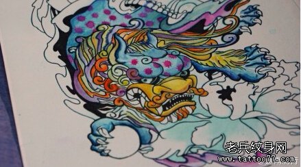 彩色唐狮纹身手稿图案